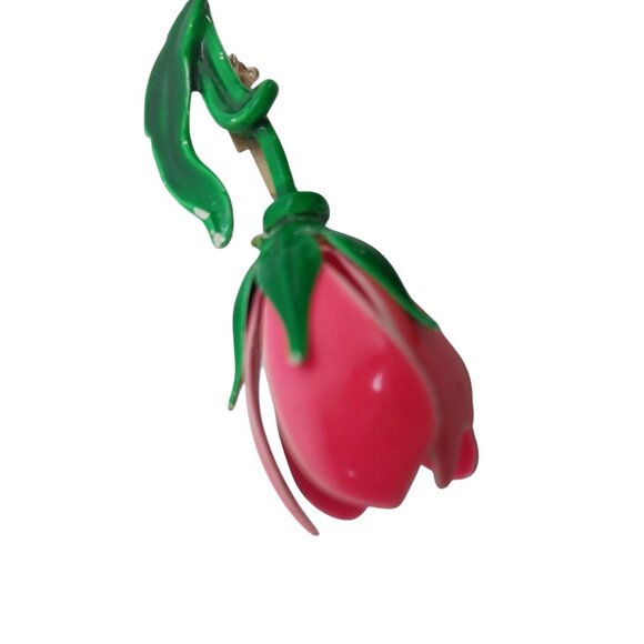 Vintage Pink Rose Enamel Flower Brooch Pin With Green Stem & Leaf Design - Picture 4 of 5